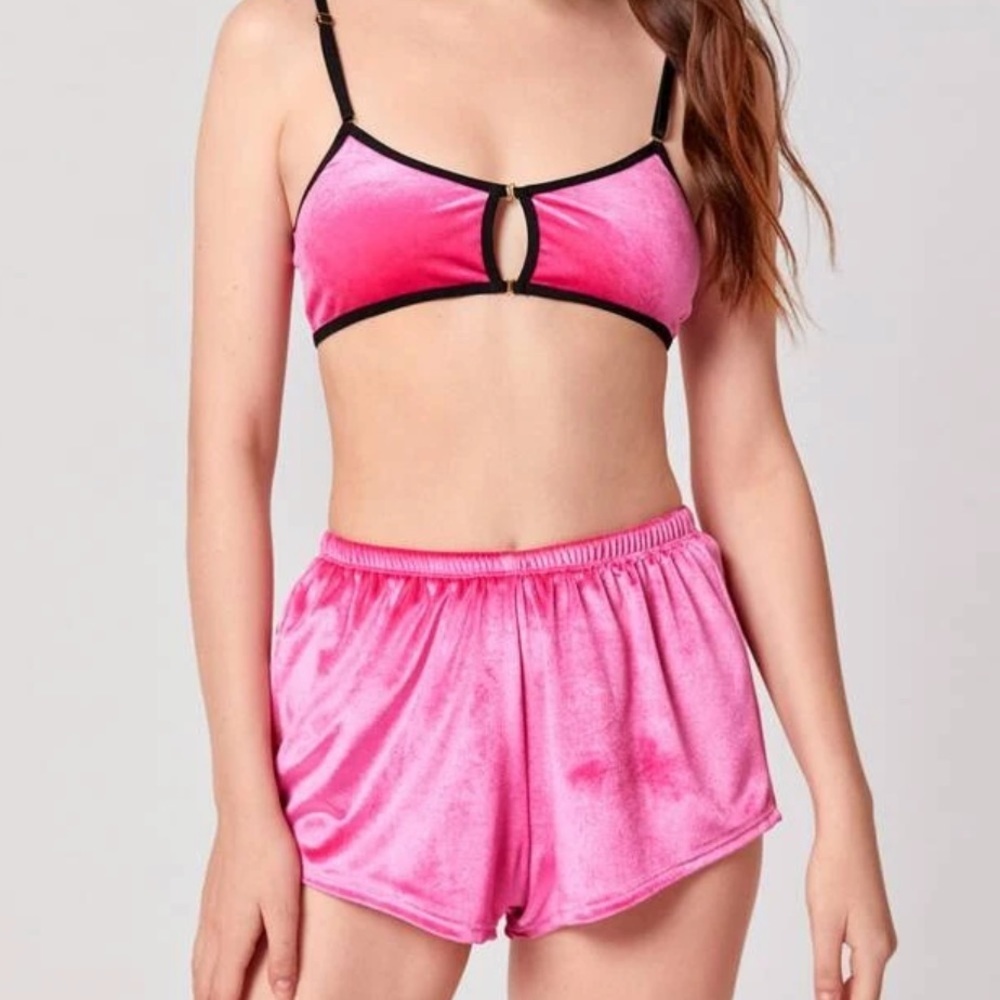 Pink Velvet 2 Pc Bralette & Shorts Pajamas Set - Picture 1 of 7